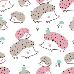 Vector card with cute hedgehog. Flat style print for kids. Mom and baby leopard. Mother's Day card. Cute little hedgehog  seamless pattern
