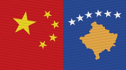 Kosovo and China Two Half Flags Together Fabric Texture Illustration