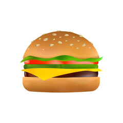 Cheeseburger with a slice of cheese, pickles, tomato, beef patty, lettuce and toasted sesame bun. Classic burger icon. Cartoon vector illustration of American hamburger isolated on a white background