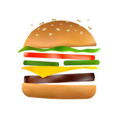 Floating burger with flying ingredients: pickles, tomato, cheese, beef patty, lettuce, toasted sesame bun. Classic burger icon. Cartoon vector illustration of American hamburger on white background
