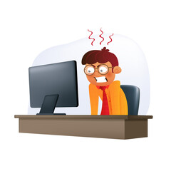 Angry businessman character sitting on an office chair at the desk and looking on the display. Vector illustration of a hardworking young man in eyeglasses with negative emotion isolated on a white