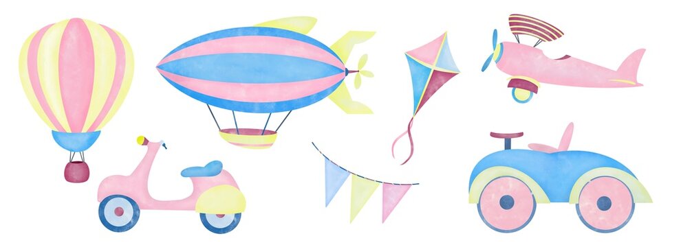 Watercolor aquarelle set for kids children. Hot air balloon aerostat scooter airship airplane car kite and flags in the clouds on white background hand drawn digital illustration