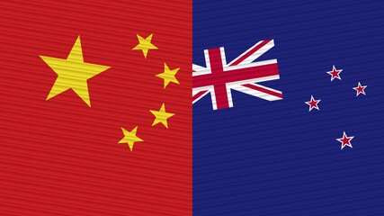 New Zealand and China Two Half Flags Together Fabric Texture Illustration