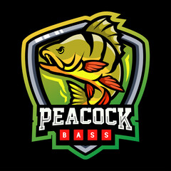 Peacock bass fish mascot. esport logo design - obrazy, fototapety, plakaty