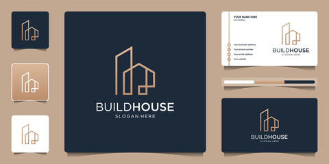Build house logo with line art simple and elegant. Creative real estate logo and business card template.