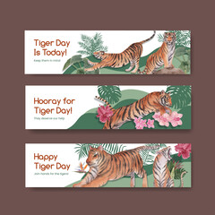 Banner template with international tiger day concept,watercolor style