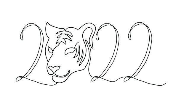 Happy new year 2022 year tiger black and white line drawing is in numbers 2022 for poster, brochure, banner, invitation card vector illustration isolated on white background. Chinese new year 2022