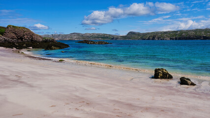 Beach on Handa Island in the Highlands looking towards Tarbet and the Scottish mainland