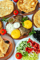 Homemade Romanian Food with grilled fish, polenta, pies, vegetables with red wine. Platter on camping.