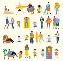Set of people, men, children, and women with different signs. Vector graphic objects for collages and illustrations.