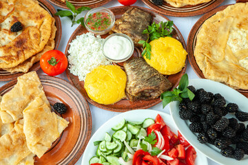 Homemade Romanian Food with grilled fish, polenta, pies, vegetables with red wine. Platter on camping.