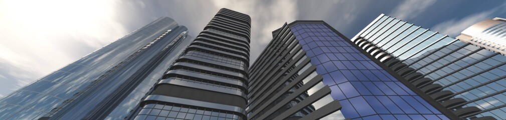 Skyscrapers at sunrise, panorama of skyscrapers against the sky, 3d rendering