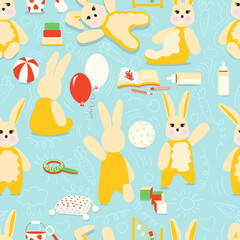 Vector cartoon doodle seamless pattern bunny babies with playthings.