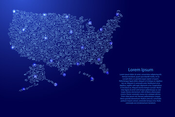 United States of America, USA map from blue and glowing stars icons pattern set of SEO analysis concept or development, business. Vector illustration.