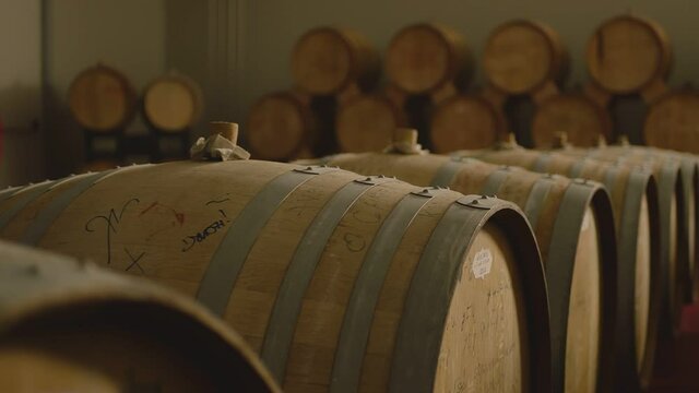 Aged wooden barrels with a wine , brandy or whiskey in a big warehouse . Dolly , gimbal movement a long row of wine barrels at a vintage winery with alcohol . Wine preparation and fermenting process