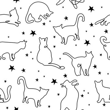 Seamless pattern with doodle cats among stars.Continuous one line kittens.Feline in different poses.Animals sit, lay,relax.Childish monochrome print,wrapping paper.Modern drawing with domestic pet.