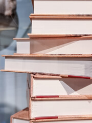 Fototapeta premium High books stack isolated on blurred background.forefront of a group of books stacked.Old books on shelf in the Library