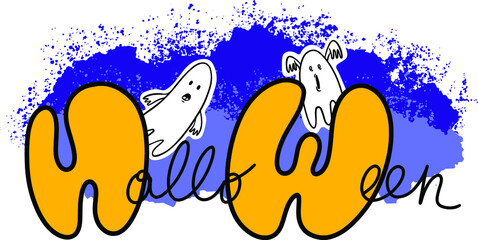 Vector poster for Halloween with two ghosts. Handwritten font for word halloween, hand lettering title text.
