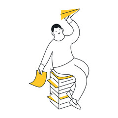 Launching paper planes from a high paper pile. Startup boosting, project manager, and paperwork. Thin line isolated vector illustration on white background. 