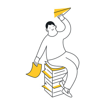 Launching paper planes from a high paper pile. Startup boosting, project manager, and paperwork. Thin line isolated vector illustration on white background. 