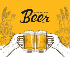 International Beer Day illustration vector design with hand drawn element isolated on orange background can be use for party, celebration and festival