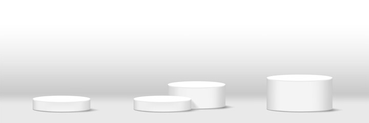 cylinder podium white for make-up product display, podium stage showcase for advertising cosmetics banner, copy space, 3D illustration
