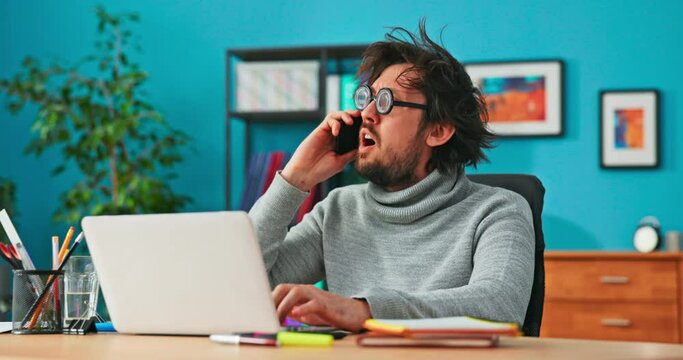 New, funny company employee with big black round glasses, answers phone from customer, makes jokes, isn't well-informed, doesn't understand what is being said to him, keeps nodding, not answering
