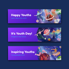 Banner template with international youth day concept,watercolor style