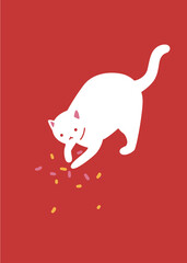 White cat plays with confetti. Cute character on red background, greeting card design, vector ilustration