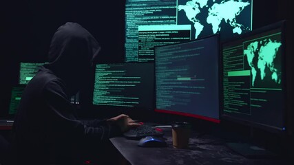 Hacker Using Multiple Computer Hacking And Success Downloading Data
 - Powered by Adobe