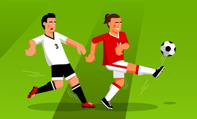 Soccer forward runs away from the defender. Football players in the game. Vector cartoon illustration.
