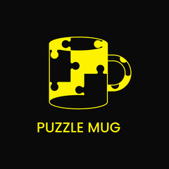 puzzle and mug logo concept. line, simple, monogram, combination and flat logotype. suitable for logo, icon, symbol and sign. yellow