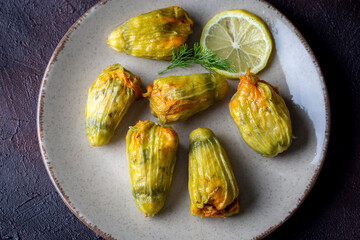 Traditional delicious Turkish - Greek cuisine, Turkish food; Stuffed zucchini flowers (Turkish name; kabak cicegi dolmasi)