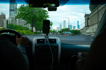Driving through downtown Chicago in a taxi