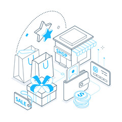 Shopping - isometric blue and black line illustration