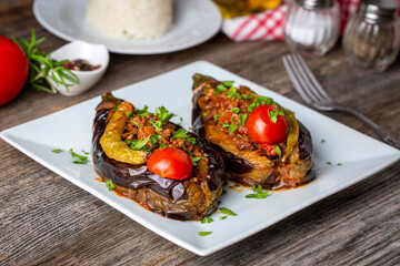 Traditional delicious Turkish food; Meat and Eggplant dish, (Turkish name; Karniyarik)
