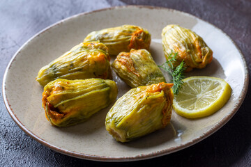 Traditional delicious Turkish - Greek cuisine, Turkish food; Stuffed zucchini flowers (Turkish name; kabak cicegi dolmasi)