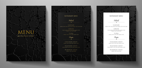 Black restaurant menu design with crack texture (grunge patten background), premium frame pattern (stripe border). Elegant luxury cover template for creative Cafe Menu, luxe carte, invite, note book