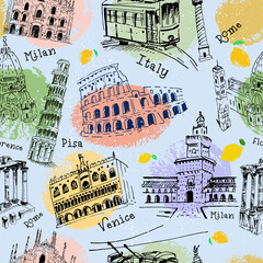 Seamless pattern of buildings, antique columns, landmarks of Italy. Vector illustration, full color.
