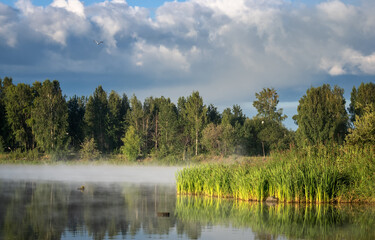 Summer dawn on the Ural lake with fog, Russia