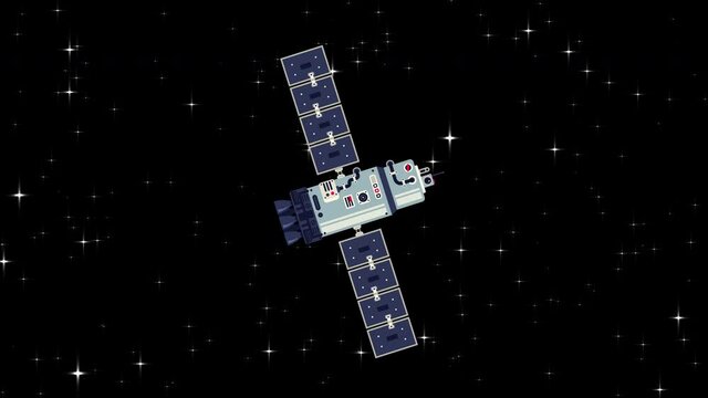 Satellite space station revolves among the stars. Looped 2D cartoon animation.