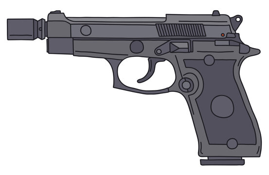 The vectorized hand drawing of a recent handgun with a small silencer