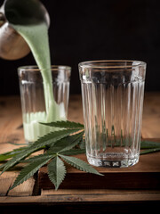 Traditional Indian drink Bhang Lassi, with hemp leaves.