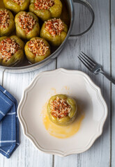 Traditional delicious Turkish food; stuffed bell peppers with meat (Turkish name; Etli biber dolmasi)