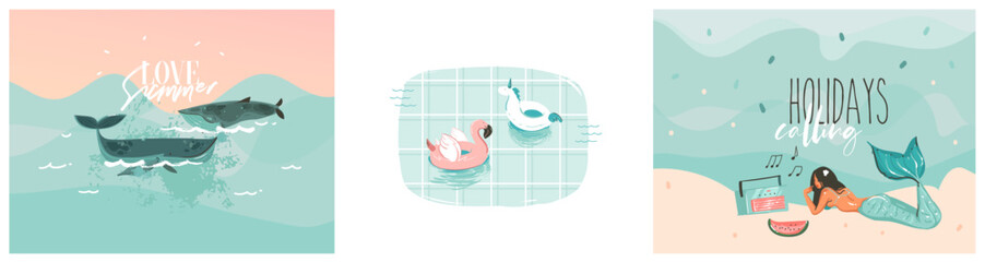 Hand drawn vector abstract stock graphic summer cartoon,minimalistic contemporary illustrations prints collection set with beach inflatable unicorn,flamingo floats and mermaid on color background.