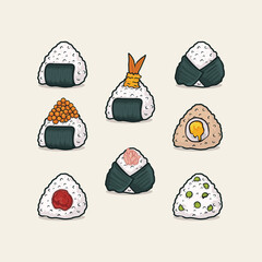 set of onigiri japanese rice ball triangle with nory seaweed various taste. Icon isolated Vector illustration with outline cartoon simple color 
