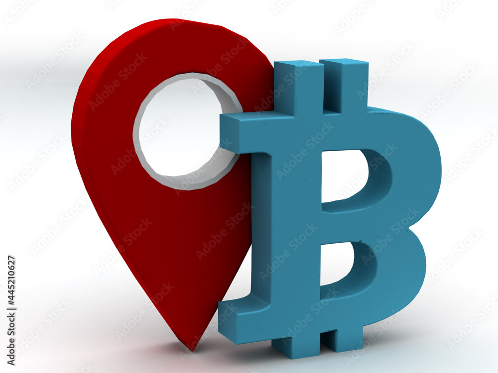 Aufkleber map pointer with bitcoin, 3d rendering