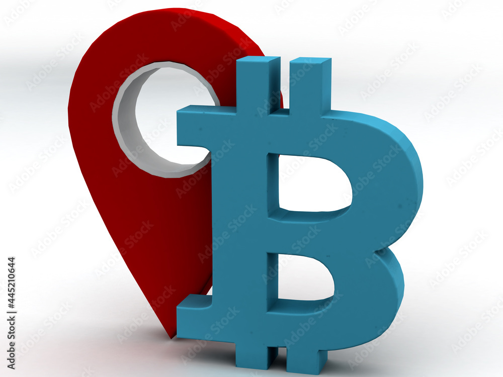 Poster map pointer with bitcoin, 3d rendering