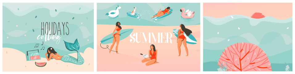 Hand drawn vector abstract stock graphic summer time cartoon, contemporary illustrations prints collection set with beach surfers group characters,flamingo floats and mermaid on color background.