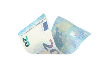 20 Euro banknote flying on white background